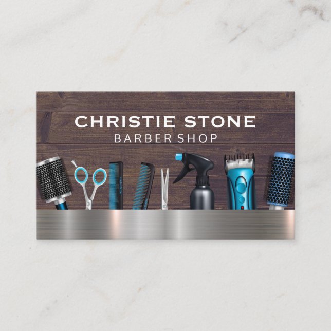 Cartão De Visita Ferramentas de Barber Salon | Madeira de metal (Frente)