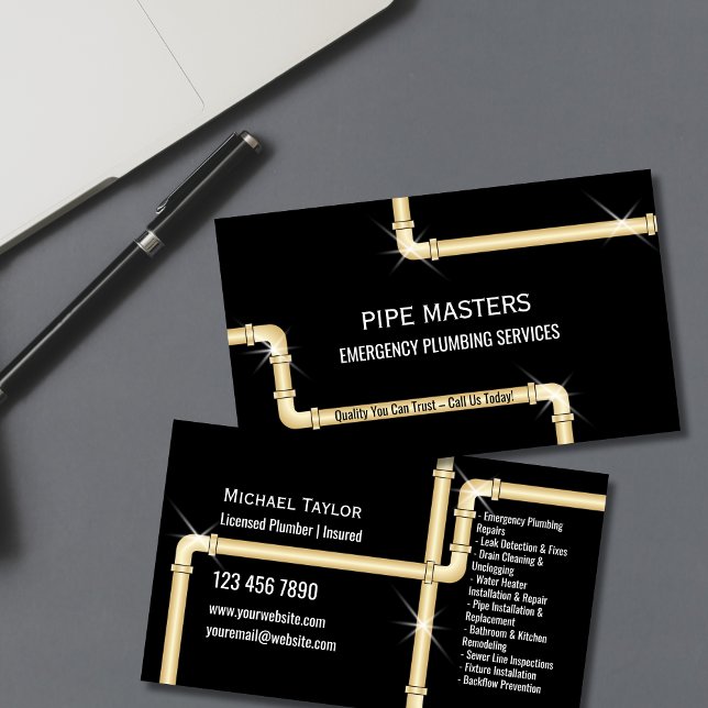 Cartão De Visita Ferramentas de Canalização de Canalizações Profiss (plumbing pipes in gold color on the black background business cards)