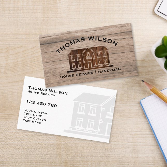 Cartão De Visita Ferramentas de Carpinteiro Russo para Construção d (RUSTIC HOUSE ON THE WOOD TEXTURE BACKGROUND HOME REPAIR BUSINESS CARD)