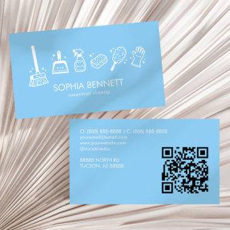 Cartão De Visita Ferramentas de Limpeza Fofo Azul Código QR Persona