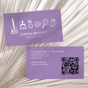 Cartão De Visita Ferramentas de Limpeza Lindas Roxas Código QR Pers