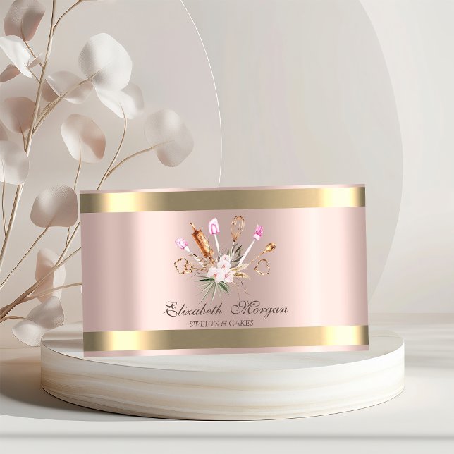 Cartão De Visita Ferramentas de padaria Flores Dourada Stripe Rosa  (Criador carregado)