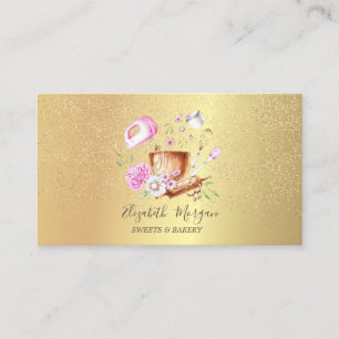 Cartão De Visita Ferramentas de Padaria Flores Rosa Dourado Confete