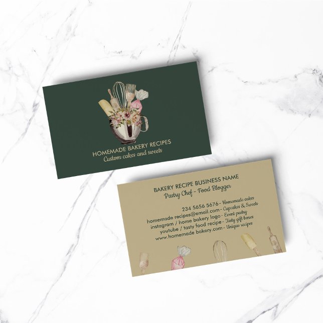 Cartão De Visita Ferramentas de pastelaria, ferramentas manuais, ga (Bakery pastry hand tools sage green gold business card)