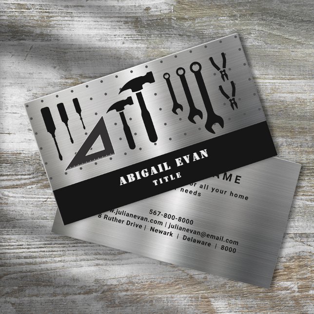 Cartão De Visita Ferramentas de Reparo Prateado Profissional (Professional Shiny Silver Repair Tools Handyman Business Card )