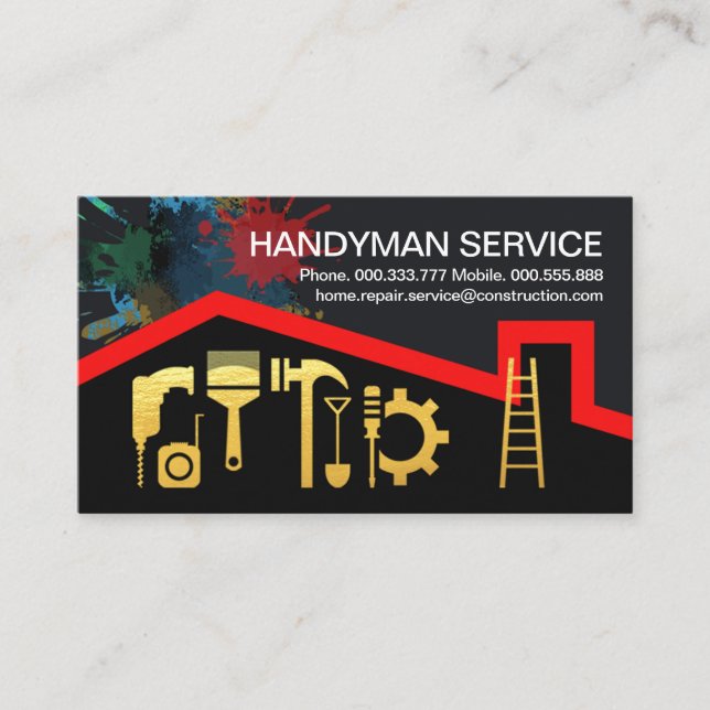 Cartão De Visita Ferramentas Douradas de pintura em telhado vermelh (Frente)