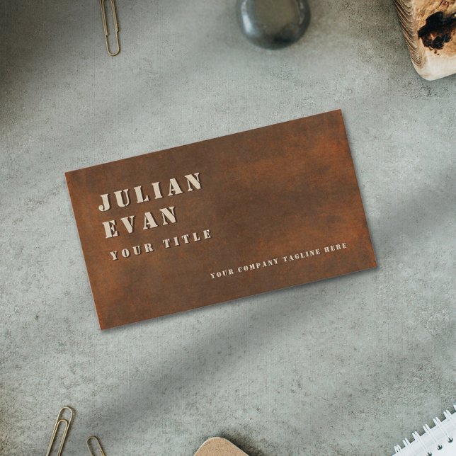 Cartão De Visita Ferro Russo Estêncil Masculino Metais (Rustic Iron Bold Stencil Masculine Metal Business Card)