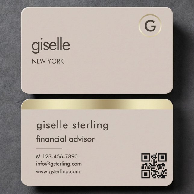 Cartão De Visita Financial Advisor Neutral Gold QR Code (Criador carregado)