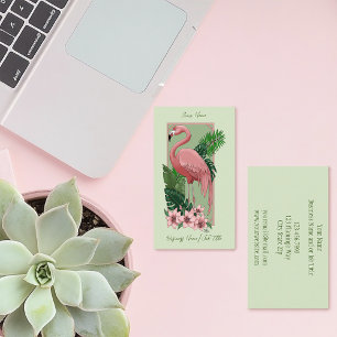 Cartão De Visita Flamingo Rosa Tropical Folhas de Palmeira Verde Lí