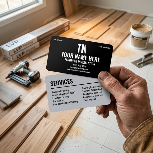 Cartão De Visita Flooring Installation Modern Black and Silver (Criador carregado)