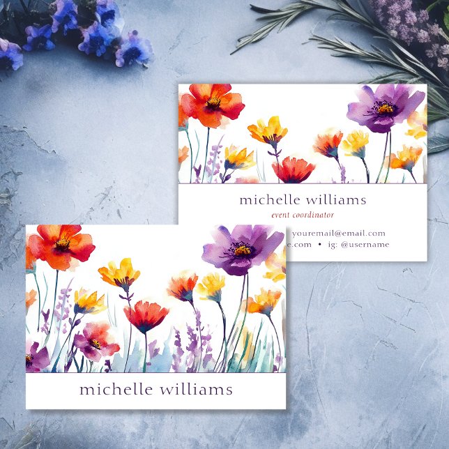 Cartão De Visita Flor Botânica de Cores Aquáticas (Watercolor Botanical Wildflowers Business Card)