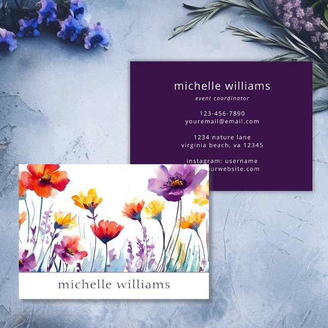 Cartão De Visita Flor Botânica de Cores Aquáticas (Watercolor Botanical Wildflowers Business Card)