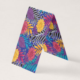 Cartão De Visita flor colorida e padrão de folhas em uma base azul