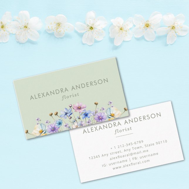 Cartão De Visita Flor de Aquarela Floral Mínimo (Elegant Floral Watercolor Wildflowers Minimal Business Card)
