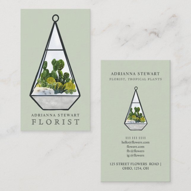Cartão De Visita Flor de cactus terrarium verde moderno (Frente/Verso)