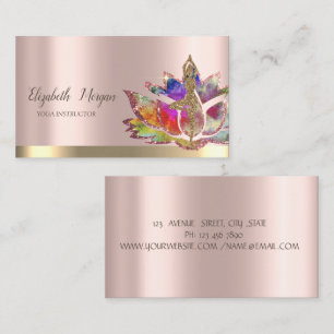 Cartão De Visita Flor de Lótus Colorida Menina de Ioga Dourado Rosa