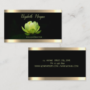 Cartão De Visita Flor de Lótus Verde Listra Dourada Yoga Preto