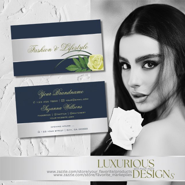 Cartão De Visita Flor Elegante Rosa de Decoração Azul Escuro (Criador carregado)