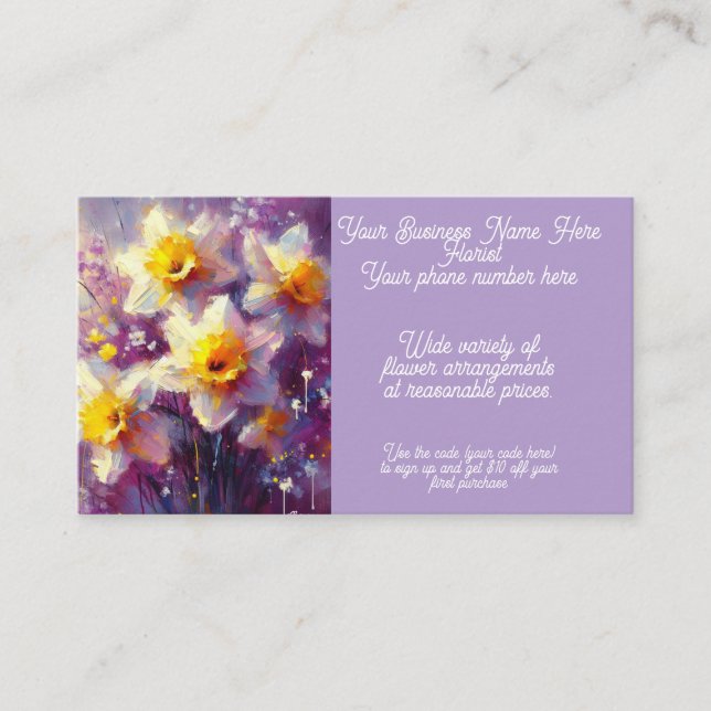 Cartão De Visita Flor Florista Disposição Daffodil Amarelo Roxo (Frente)
