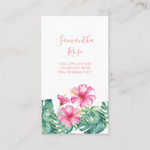 Cartão De Visita Flor Rosa Hibiscus Monstera Folhas de Palma