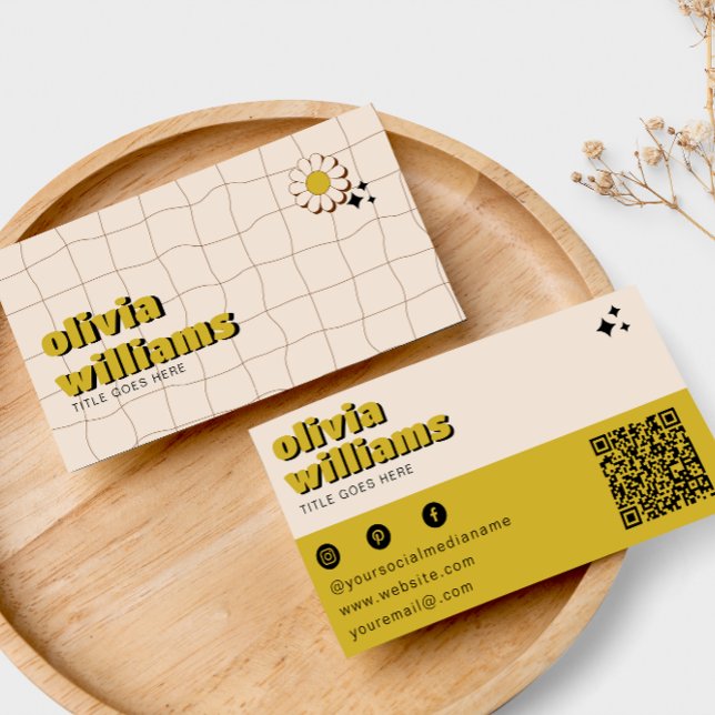 Cartão De Visita Flor Verde Trólido Código QR Boho Groovy (Criador carregado)