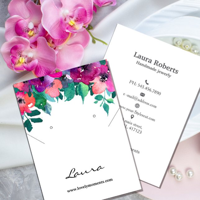 Cartão De Visita Florais Coloridos Brilhantes e Negros (Bright & Bold Colorful Florals earring display Business Card #zazzlefinds #zazzlemade #watercolor)