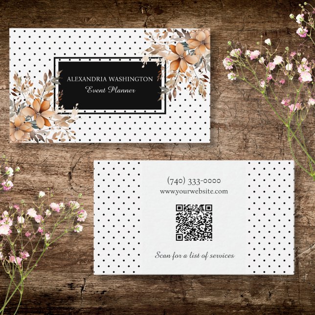 Cartão De Visita Floral and Polka Dot with QR Code (Criador carregado)