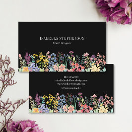 Cartão De Visita Floral Aquarela de Flor Silvestre Boho Preta