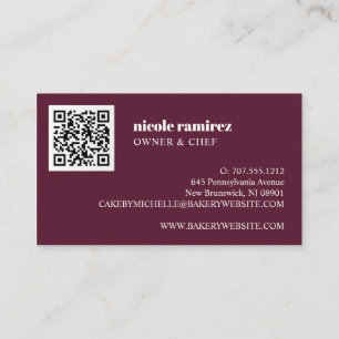 Cartão De Visita Floral Bakery Patisserie stripe burgundy CÓDIGO QR
