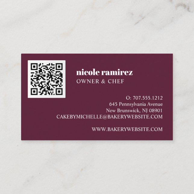 Cartão De Visita Floral Bakery Patisserie stripe burgundy CÓDIGO QR (Verso)