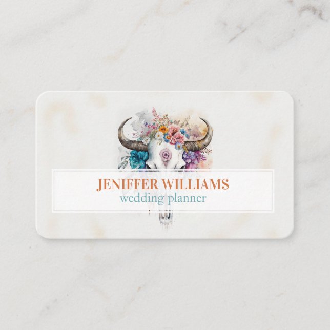 Cartão De Visita Floral Bull Skull Watercolor Art (Frente)