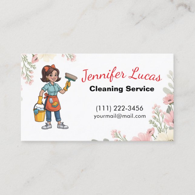Cartão De Visita  Floral Cartoon Maid House Cleaning Services  (Frente)
