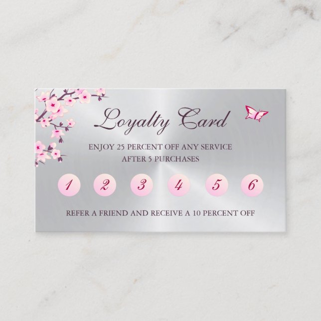 Cartão De Visita Floral Cherry Blossom Loyalty Card Prata Rosa (Frente)