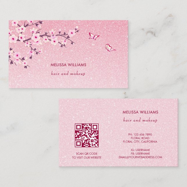 Cartão De Visita Floral Cherry Blossom Pink Glitter QR Code (Frente/Verso)