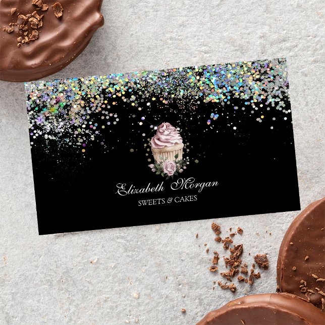 Cartão De Visita Floral Cupcake Colorful Confetti, Black  (Criador carregado)