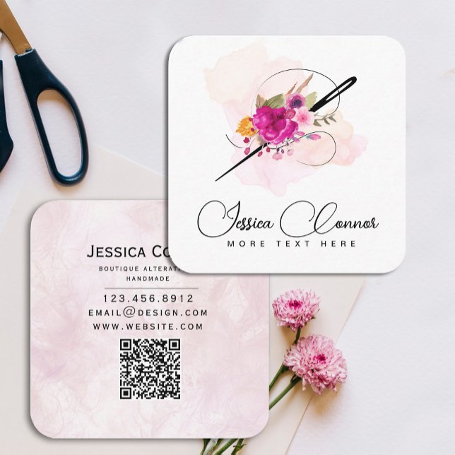 Cartão de visita Floral de Agulha de Aquarela (Watercolor Needle Floral business card #Tailor #elegantdressmakerchic )