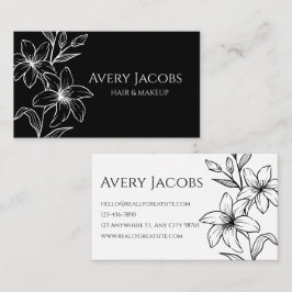 Cartão De Visita Floral de Boho Branco e Preto Moderno Único