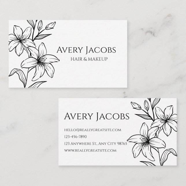 Cartão De Visita Floral de Boho Branco e Preto Moderno Único (Frente/Verso)