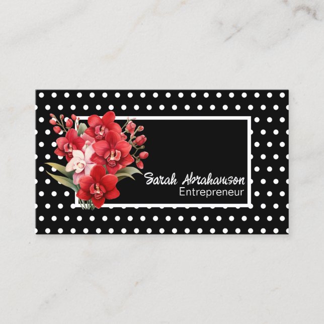 Cartão De Visita Floral de Bolinhas Negra e Branca Elegante (Frente)