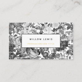 Cartão De Visita Floral de Preto, Branco e Dourado