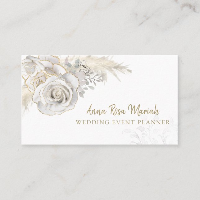 Cartão De Visita *~* Floral Dourado Brilhante Branco Rosa Flor Eleg (Frente)