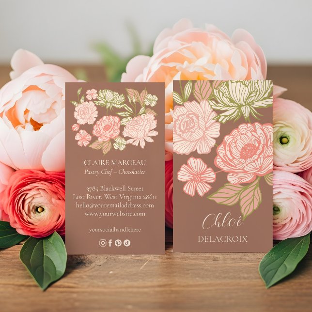 Cartão De Visita Floral e Folhagem Desenhada à Mão Estilo de Arte d (Hand-Drawn Floral & Foliage Elegant Line Art Style Business Card)