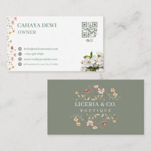 Cartão de Visita Floral em Verde Sálvia em Aquarel