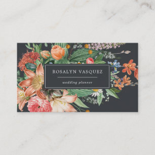Cartão De Visita Floral Escuro Vintage em Preto Assinatura