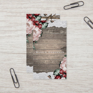 Cartão De Visita Floral Glam Rústico Madeira & Renda Elegante País