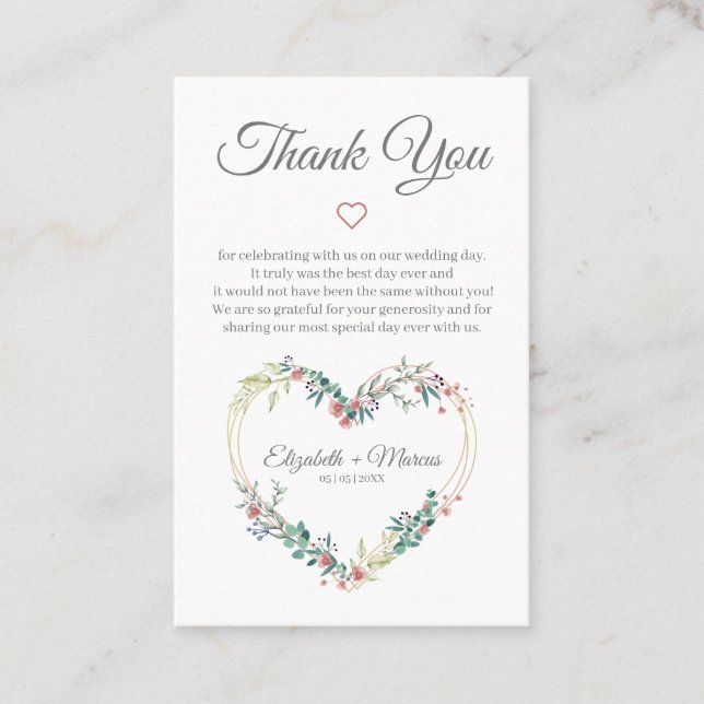 Cartão De Visita Floral Heart in Pink with Thanks (Frente)