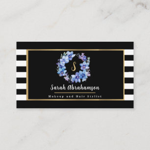 Cartão De Visita Floral Listrado Preto e Branco Elegante