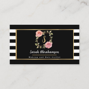Cartão De Visita Floral Listrado Preto e Branco Moderno