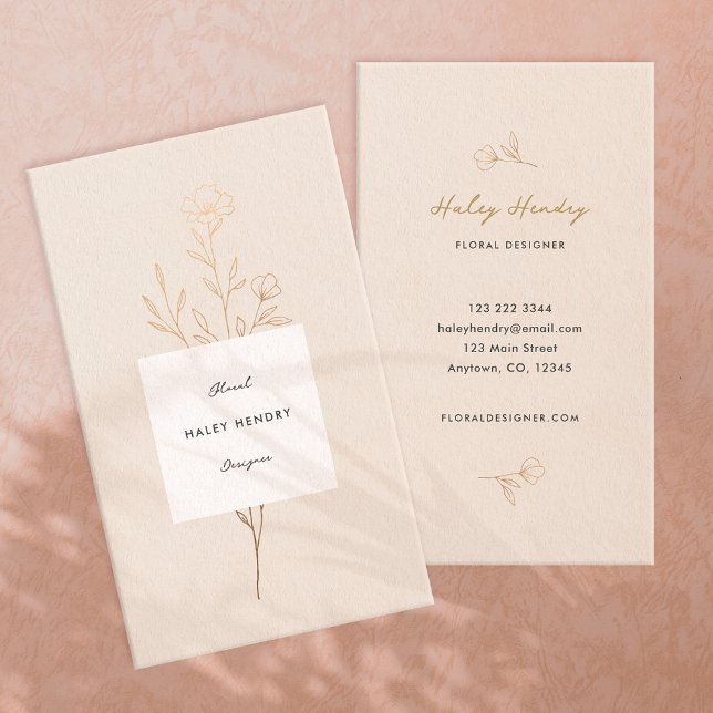 Cartão De Visita Floral Mínimo Moderno Dourado e Creme (Modern minimalist chic floral boho wildflower cream gold business card)