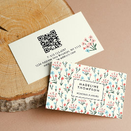 Cartão De Visita Floral Pastel Pink Blue Flowers Pattern QR Code